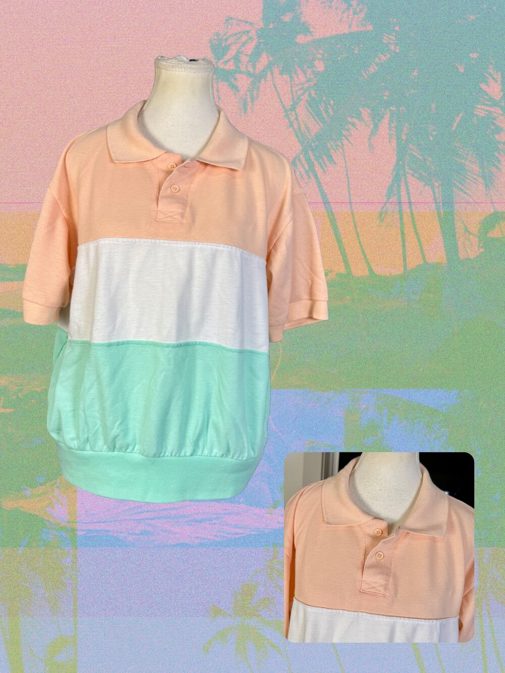 Vintage 80s 90s Pastel Peach Mint White Miami Vice Colorblock Polo Shirt Size L